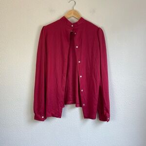 Vintage 90s 80 Style Blouse Womens apx Size M Magenta Red Good Pleated Mock Neck